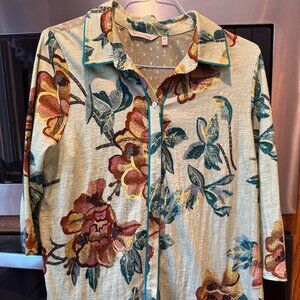 Soft Surrounding Button Up 3/4 Sleeve Floral Print Tunic Shirt Colorful PXL